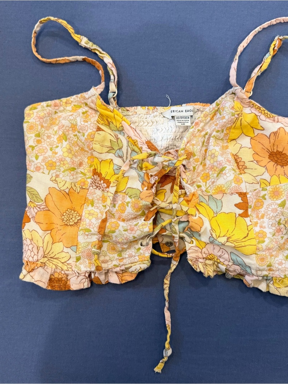 American Eagle Outfitters Yellow and Peach Floral Lace-Up Cropped Cami